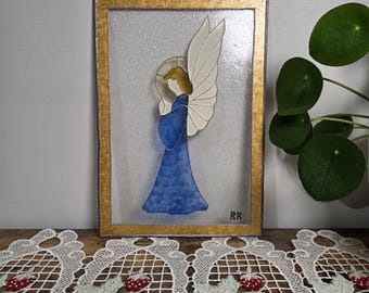 Vintage Stained Glass Angel Panel, Religious Wall Art, Guardian Angel Decor, Handmade Glass Artwork, Spiritual Home Decor, Blue Angel Frame