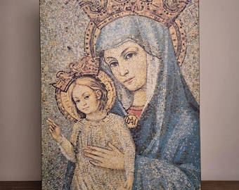Vintage plaquette in mozaïekstijl Madonna en kind – Religieuze katholieke muurkunst – Icoon Maagd Maria Jezus