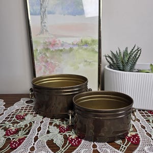 Vintage Solid Brass Planter Set of 2 Hong Kong Brass Cachepot Bowl Planters with Ring Handles Hollywood Regency Decor