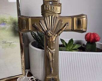 Vintage Catholic Wall Crucifix, INRI Jesus Cross, Gold Religious Wall Decor, Mid Century Christian Wall Hanging, Sacred Heart Style