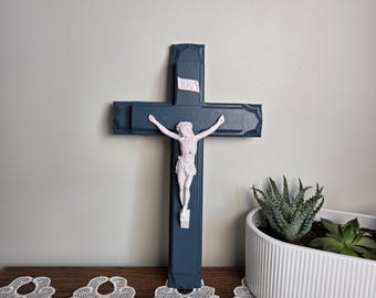 Crucifijo de pared vintage, cruz de madera con Jesús, decoración religiosa de pared, decoración católica cristiana para el hogar, cruz pintada de azul