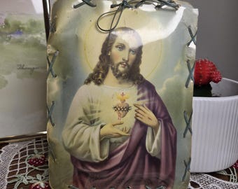 Vintage Sacred Heart Jesus Wall Hanging | Religious Catholic Folk Art Plaque | Handmade Laced Cardboard Decor | Spiritual Christian Wall Art