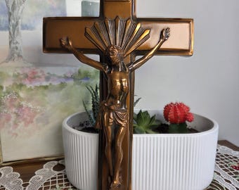 Vintage Metal Crucifix Wall Cross | INRI Jesus Cross | Catholic Wall Decor | Bronze Tone Religious Cross | Christian Home Decor