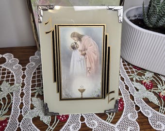 Vintage katolsk första nattvardsram | Jesus välsignelsebarntryck | Art Deco-glasram | Religiös heminredning | Kristen gåva