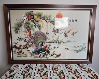 Vintage Chinese Silk Embroidery Birds Scene Framed Art, Peacock Phoenix Wall Decor, Large Asian Embroidered Panel, Mid Century Oriental Art