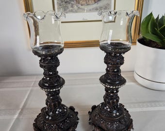 Vintage Ornate Candle Holders Pair Ruffled Glass Shades Rhinestone Baroque Hollywood Regency Home Decor