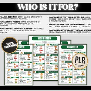 Puede incluir: Un anuncio de productos digitales con el texto "WHO IS IT FOR?" y vi&ntilde;etas sobre oportunidades de negocio en l&iacute;nea. La imagen incluye plantillas de "HIGH PROTEIN Food List" y insignias que dicen "100% EDITABLE" y "PLR EDIT AND RESELL TODAY".
