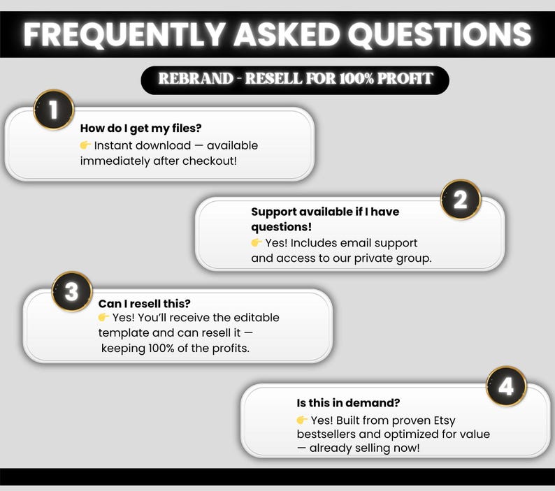 Puede incluir: Gr&aacute;fico con el texto "PREGUNTAS FRECUENTES" y "REBRAND - REVENDER PARA OBTENER UN 100% DE BENEFICIOS". El gr&aacute;fico tiene cuatro secciones numeradas con preguntas y respuestas sobre descargas de productos digitales, soporte, reventa y demanda.