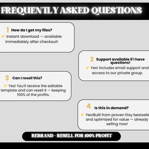 Puede incluir: Gr&aacute;fico con el texto "FREQUENTLY ASKED QUESTIONS" en blanco. El gr&aacute;fico incluye cuatro preguntas numeradas con respuestas. La parte inferior del gr&aacute;fico dice "REBRAND - RESELL FOR 100% PROFIT".