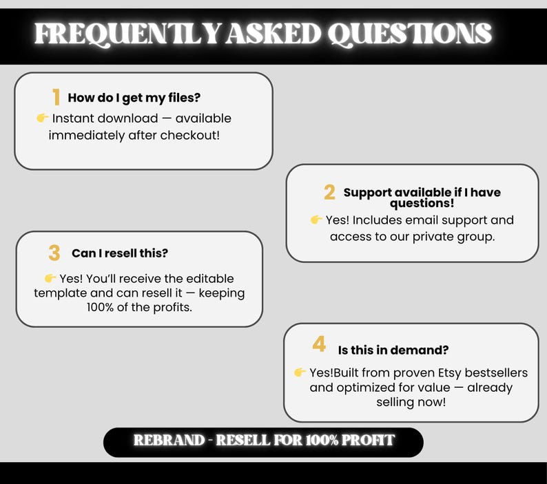 Puede incluir: Gr&aacute;fico con el texto "FREQUENTLY ASKED QUESTIONS" en blanco. El gr&aacute;fico incluye cuatro preguntas numeradas con respuestas. La parte inferior del gr&aacute;fico dice "REBRAND - RESELL FOR 100% PROFIT".