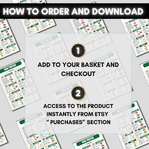 Puede incluir: Una gu&iacute;a con el texto "HOW TO ORDER AND DOWNLOAD" e instrucciones sobre c&oacute;mo comprar un producto. La gu&iacute;a incluye una "Lista de alimentos con alto contenido de prote&iacute;nas" con im&aacute;genes de alimentos. Las instrucciones incluyen agregar al carrito y acceder al producto desde la secci&oacute;n "Compras".