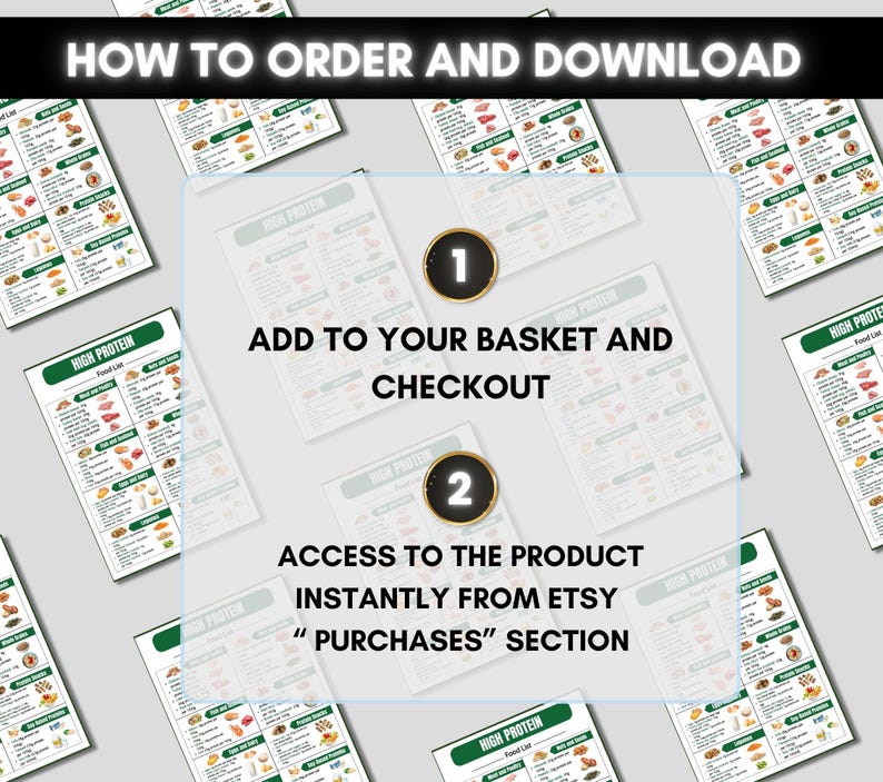 Puede incluir: Una gu&iacute;a con el texto "HOW TO ORDER AND DOWNLOAD" e instrucciones sobre c&oacute;mo comprar un producto. La gu&iacute;a incluye una "Lista de alimentos con alto contenido de prote&iacute;nas" con im&aacute;genes de alimentos. Las instrucciones incluyen agregar al carrito y acceder al producto desde la secci&oacute;n "Compras".