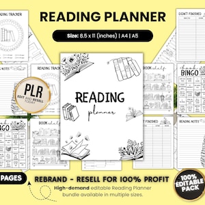 Peut inclure: Un planificateur de lecture en noir et blanc avec le titre "Reading Planner" et la taille 21,6 x 27,9 cm. Le planificateur comprend des pages pour les suivis de lecture, les notes et un jeu de bingo de livres. Le texte "Rebrand - Resell for 100% Profit" est également visible.