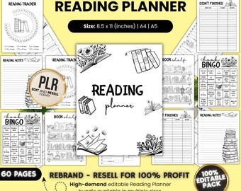 Plantillas PLR para planificador de lectura en Canva, paquete de registro de lectura con derechos de reventa, planificador digital editable en Canva con derechos de reventa.