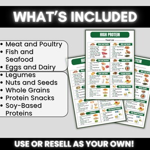 Puede incluir: Gr&aacute;fico con el texto "QU&Eacute; INCLUYE" y "&iexcl;UTILIZA O REV&Eacute;NDELO COMO TUYO!". La imagen presenta una lista de alimentos con alto contenido de prote&iacute;nas con categor&iacute;as como carne, pescado, huevos, legumbres, nueces, granos, snacks y prote&iacute;nas a base de soja.