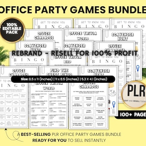 以下が含まれることがあります： ビンゴ、トリビア、宝探しなど、オフィスパーティーゲームのバンドル。 100 ページ以上で、簡単にブランド変更して再販できるように設計されています。 ゲームのサイズは 21.6 x 27.9 cm、27.9 x 21.6 cm、13.5 x 10.4 cm です。
