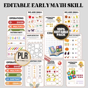Può includere: Una raccolta di schede didattiche modificabili per le prime competenze matematiche con illustrazioni colorate di frutta, animali e forme. Le pagine includono attività come conteggio, addizione, sottrazione e riconoscimento di schemi con testi come EDITABLE EARLY MATH SKILL, BIG AND SMALL, OPERATIONS e PLR.