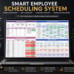 May include: A laptop screen displaying a Smart Employee Scheduling System interface with tables for shift assistant, weekly schedules, and coverage analysis. The dashboard features columns for employee names, shift times, and staffing status in a grid layout.