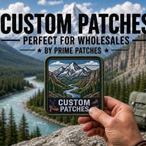 Puede incluir: Un parche cuadrado con un diseño de paisaje de montaña y río se sostiene en una mano. El parche tiene las palabras "CUSTOM PATCHES" y "PERFECT FOR WHOLESALES BY PRIME PATCHES" en texto negro. El fondo muestra una cordillera y un río.