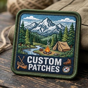 Può includere: Toppa ricamata con una scena di montagna e foresta, una tenda e un falò. La toppa presenta le parole "CUSTOM PATCHES" e immagini di una canoa, uno stivale e una bussola. La toppa è quadrata con un bordo verde.