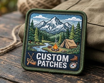 Puede incluir: Parche bordado con una escena de montaña y bosque, una tienda de campaña y una fogata. El parche tiene las palabras "CUSTOM PATCHES" e imágenes de una canoa, una bota y una brújula. El parche es cuadrado con un borde verde.