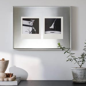 Puede incluir: Una pieza de arte mural con marco de metal plateado con dos fotograf&iacute;as florales en blanco y negro. Las fotograf&iacute;as est&aacute;n en marcos mate blancos. Una planta en maceta y objetos decorativos est&aacute;n sobre una superficie oscura debajo.
