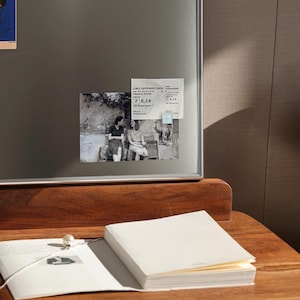 Puede incluir: Una puerta de nevera plateada muestra una fotograf&iacute;a en blanco y negro de dos personas, un peque&ntilde;o p&oacute;ster y dos notas impresas. Un libro blanco y un collar de perlas descansan sobre una superficie de madera.