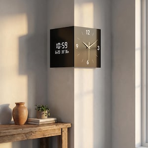 May include: A modern, two-tone wall clock with a digital display and analog clock face. The left side shows the time as 10:59 and the date. The right side has a traditional clock face with hands and hour markers. The clock is mounted on a light-colored wall.