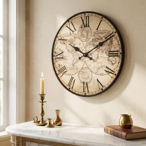 Op de afbeelding: Een grote, ronde wandklok met een wereldkaartontwerp. De wijzerplaat heeft zwarte Romeinse cijfers en wijzers, tegen een crèmekleurige achtergrond. De klok is omlijst in een zwarte metalen behuizing. Een brandende kaars en messing decor bevinden zich op de voorgrond.