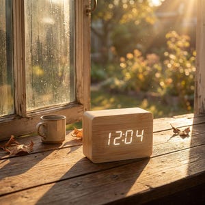 May include: A wooden digital clock displaying 12:04, with a light-colored wood grain finish. The clock sits on a wooden windowsill next to a ceramic mug. The background shows a sunlit outdoor scene.