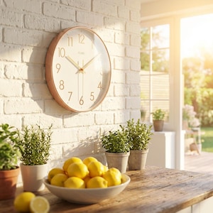 Puede incluir: Un reloj de pared redondo con marco de oro rosa cuelga de una pared de ladrillo blanco. La esfera del reloj es de color crema con números y manecillas doradas. Un cuenco de limones y plantas en macetas están sobre una mesa de madera.