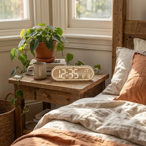 May include: A digital alarm clock with a beige oval frame displays the time 12:35. The clock sits on a rustic wooden nightstand next to a potted plant and a ceramic mug. The bed has a linen duvet and orange pillow.