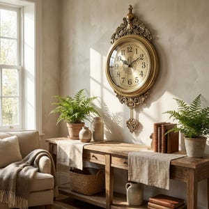 Peut inclure: Une horloge murale dorée ornée, avec un pendule, est suspendue au-dessus d'une table en bois. Le cadran de l'horloge affiche des chiffres romains noirs. Des fougères en pot, des livres et des vases décorent la table, créant une ambiance vintage.