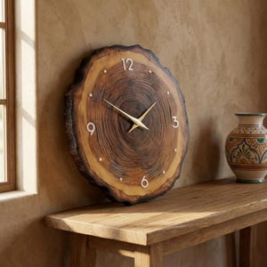 Reloj de pared con rodajas de madera, decoración rústica para sala de estar, diseño moderno de anillos de árbol, reloj de cuarzo silencioso inspirado en la naturaleza, arte de pared de granja único
