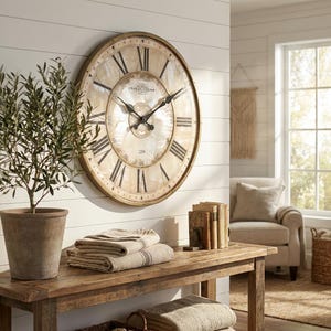 Stor väggklocka i trä, vintageklocka med romerska siffror, väggdekor i bambu, tyst klocka i antik stil, inflyttningspresent till hemmet