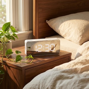 May include: A white and mirrored digital alarm clock displaying 12:30 sits on a wooden nightstand. The clock is rectangular with a bright, clear display. A green plant in a pot is to the left of the clock. A bed with a beige comforter is in the background.