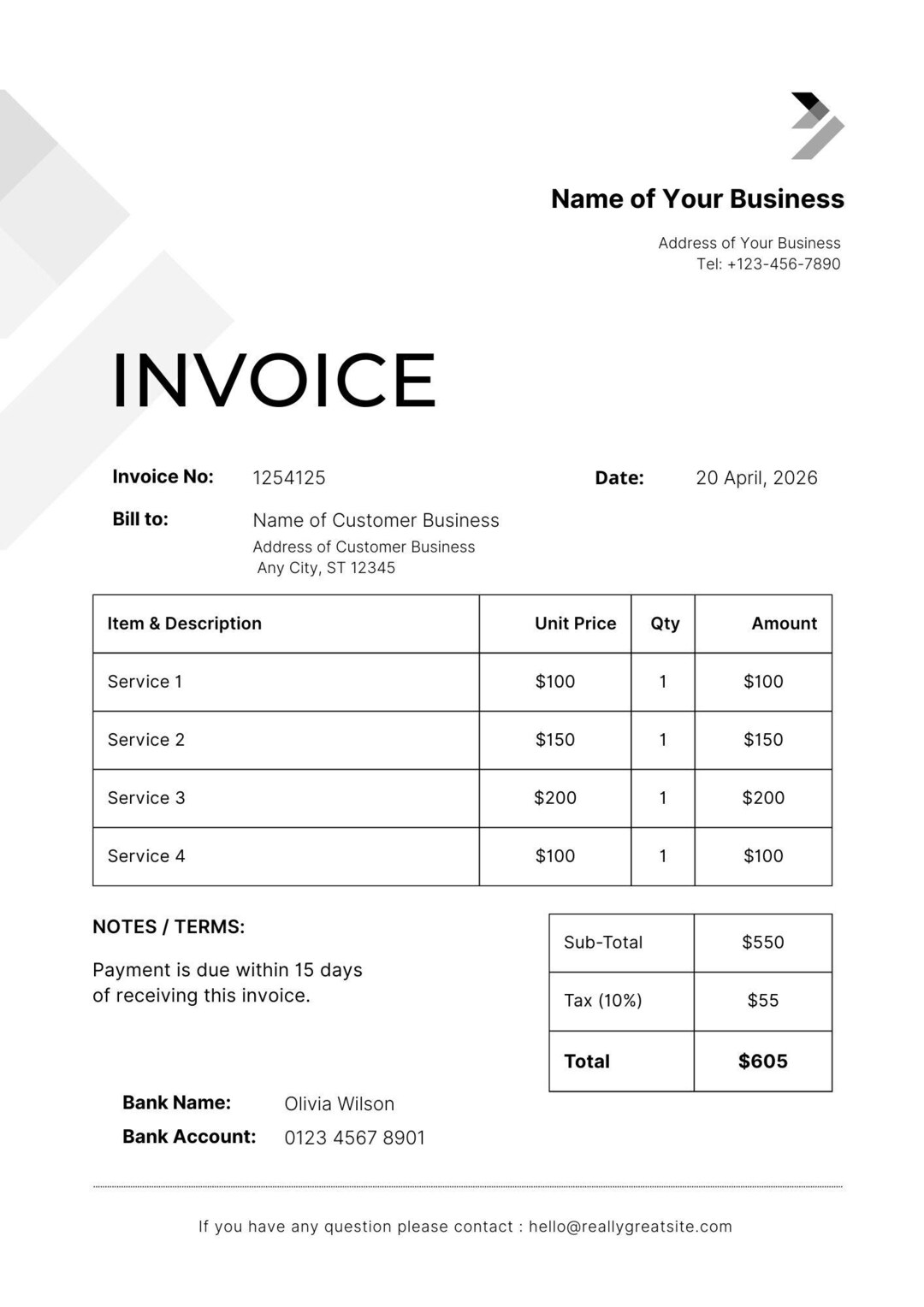Editable Invoice Template for Small Business, Printable Billing ...