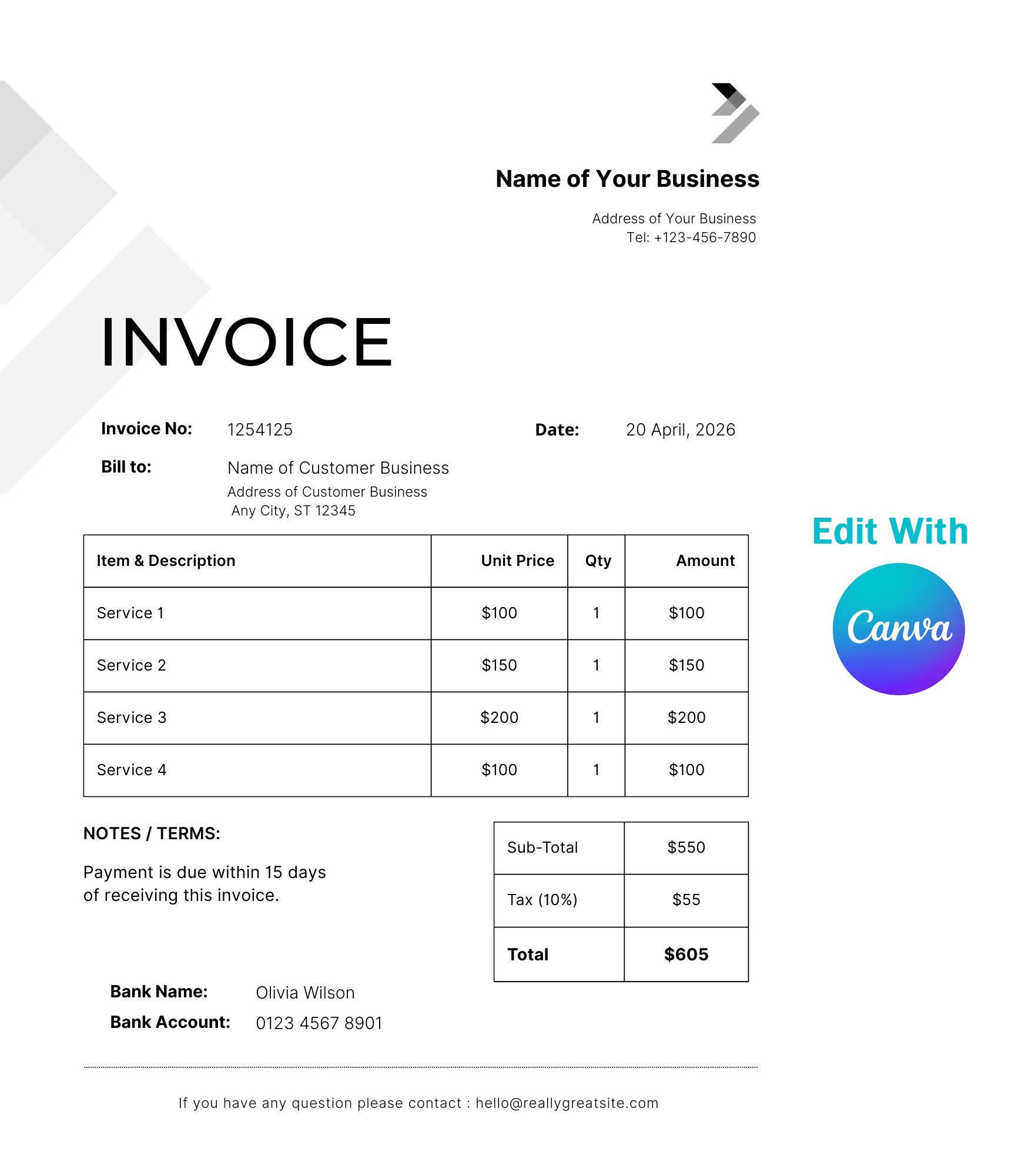 Editable Invoice Template for Small Business, Printable Billing ...