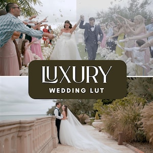 May include: A wedding scene with a bride and groom surrounded by guests. The bride wears a white strapless gown, and the groom is in a dark suit. The image includes the text "LUXURY WEDDING LUT" in a dark brown rectangle.