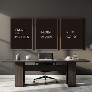 Può includere: Tre quadri incorniciati con le frasi "TRUST THE PROCESS", "BEGIN AGAIN" e "KEEP GOING". Le opere d'arte sono sopra una scrivania in legno scuro con una sedia da ufficio nera. Una piccola pianta in vaso è a destra.