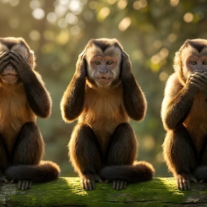 May include: Three capuchin monkeys in a row, each demonstrating the 'see no evil, hear no evil, speak no evil' concept. The monkeys have brown fur and are sitting on a mossy log, with a blurred green background.
