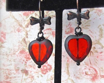 Czech Glass Heart, Rusty Iron Bow Lever Back, Black and Red, Black Bows, Red Heart,Glass Heart,Romantic,Boho Heart,Gift Wrapped,MockiDesigns