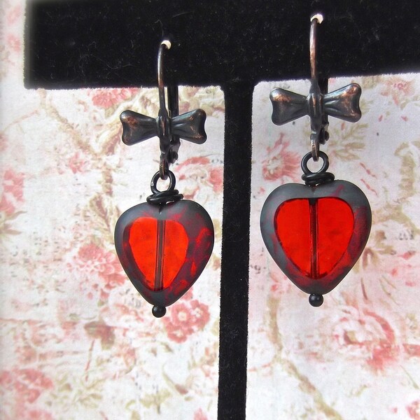 Czech Glass Heart, Rusty Iron Bow Lever Back, Black and Red, Black Bows, Red Heart,Glass Heart,Romantic,Boho Heart,Gift Wrapped,MockiDesigns