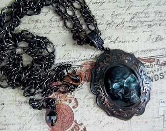 Raku Skull, Skull on Black Setting, Black Cameo with Skull, Artisan Skull, OOAK Skull, 1928, Halloween, Goth, MockiDesigns, Gift Wrapped