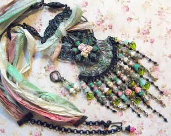 Cascading Flower Necklace, Necklace and Earring Set, Black and Patina, Black and Sari Silk, Verdigris on Black, MockiDesigns, Gift Wrapped