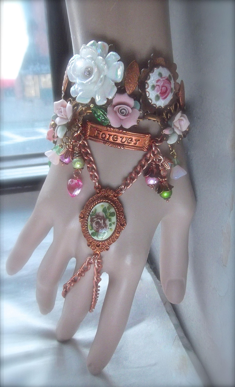 Brass Filigree Bracelet Vintage Ceramic Roses,Czech Bell Caps,Czech Glass,Romantic Flowers,Rose Bracelet Vintage Brass Filigree and Roses