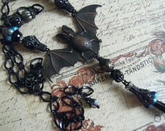 Black Bat Necklace,Black Onyx Drop,Matte Black Bat,Bat Drop,Black & Copper,Fancy Beaded,Czech Bell Caps,Halloween,MockiDesigns,Gift Wrapped
