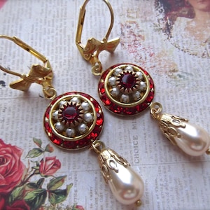 Red Swarovski Earrings, Vintage Swarovski, Red and White Drops, Red and Pearl, Pearl Drop with Crystal, Christmas, MockiDesigns,Gift Wrapped