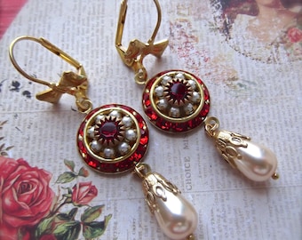 Red Swarovski Earrings, Vintage Swarovski, Red and White Drops, Red and Pearl, Pearl Drop with Crystal, Christmas, MockiDesigns,Gift Wrapped