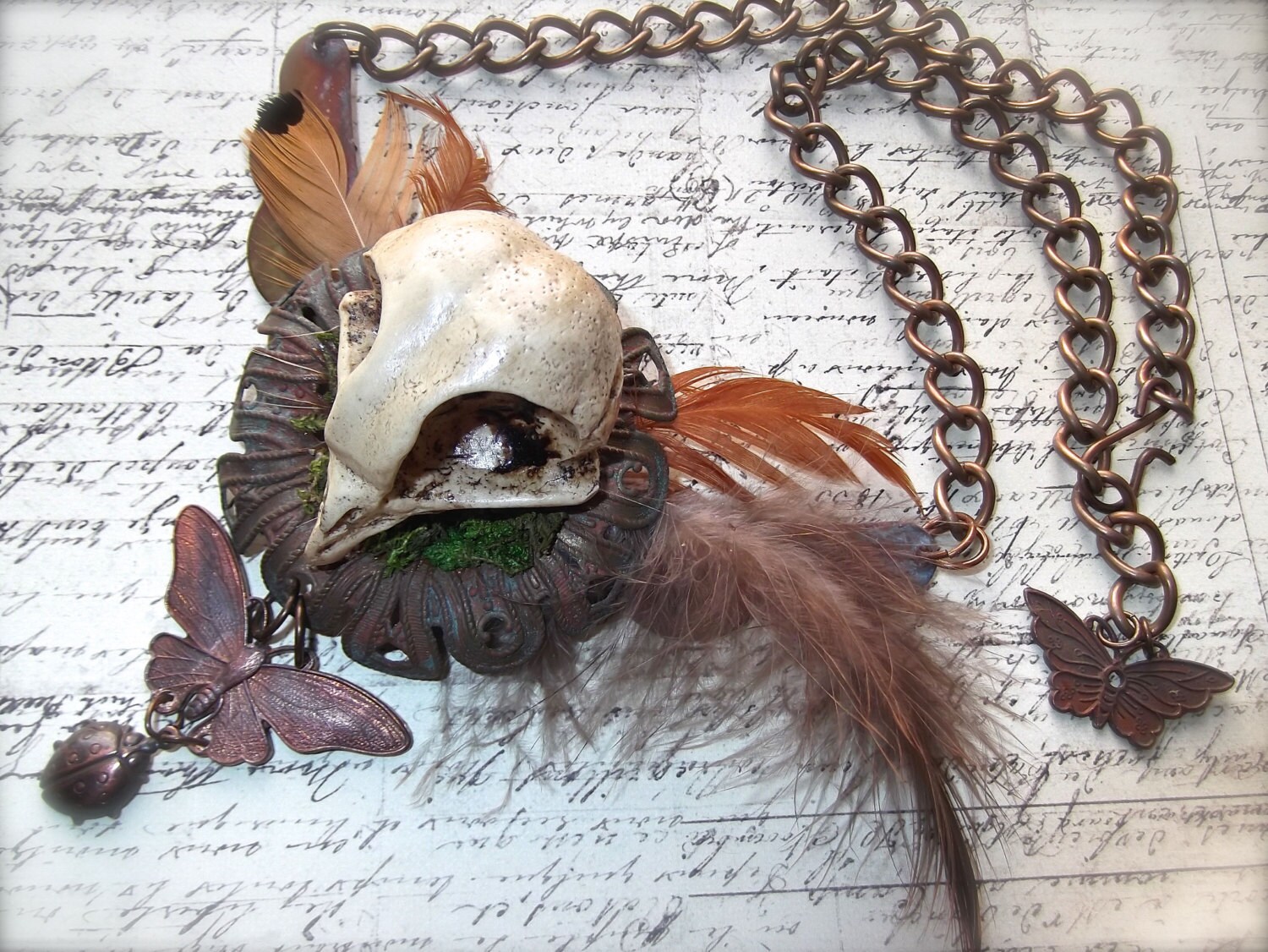 Rusty Brass Patina Owl, with Feathers, Large Vintage Chain, Branch Toggle, Butterfly & Ladybug D